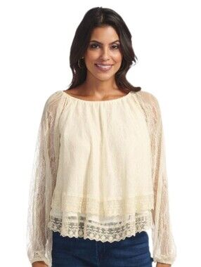 Masseys Top Tiered Lace Peasant Blouse Cream Size M